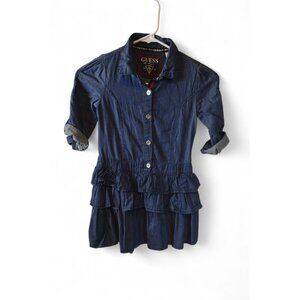 Guess Girls Denim Shirt Dress Size 6 Button Front Ruffle Skirt Long Sleeve